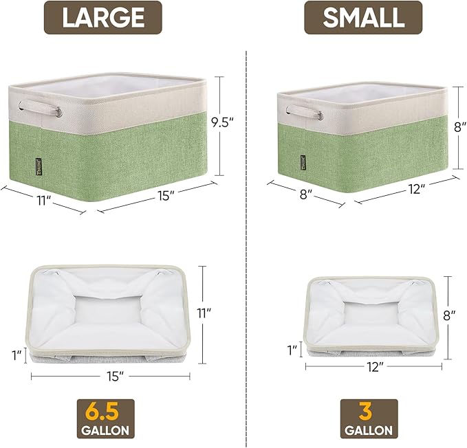 BALEINE 3 Pack Fabric Storage Bins for Shelves, Linen Storage Baskets for Organizing, Decorative Closet Bins for Clothes, Home (Green, 15''x11''x9.5'')