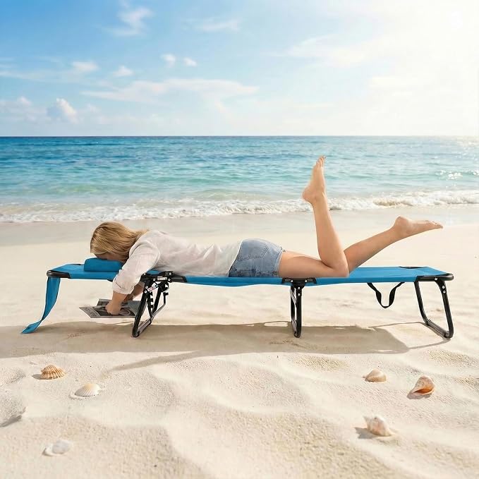 GYMAX Tanning Chair, 330lbs Beach Lounge Chair with Face Hole, Washable Pillow & Carry Strap, Adjustable Folding Chaise Lounge, Layout Lounger for Outside, Patio, Poolside, Lawn (1, Blue)
