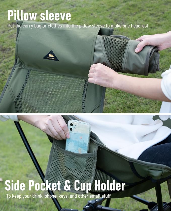 iClimb Ultralight Compact Camping Folding Beach Chair with Anti-Sinking Large Feet (Black - Triangular Frame High Back)