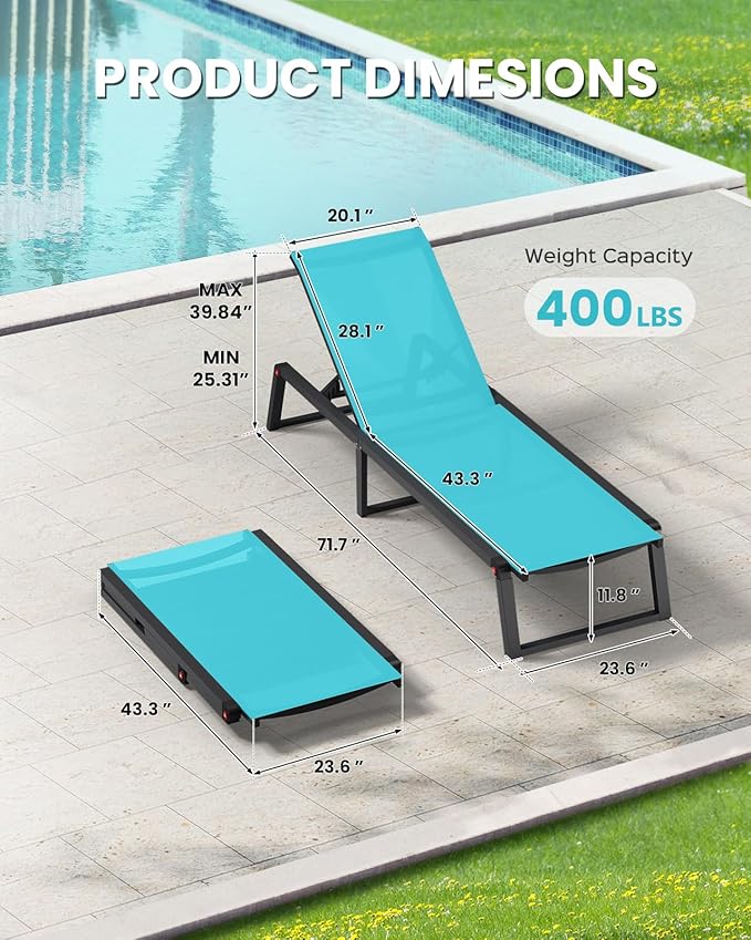 Aluminum Chaise Lounge Chair Outdoor, Foldable& No Assembly Patio Pool Lounge Chairs 5-Position Recliner for Outside, Fully Grounded Legs Sun Lounger for Poolside, Lake Blue, 2 Pack