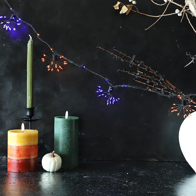 8 Clusters Firework Lights 10FT Battery Operated Orange and Purple Fairy Lights with Remote 200LED Decorative Fall Lights for Indoor Outdoor Garden Halloween Decorations