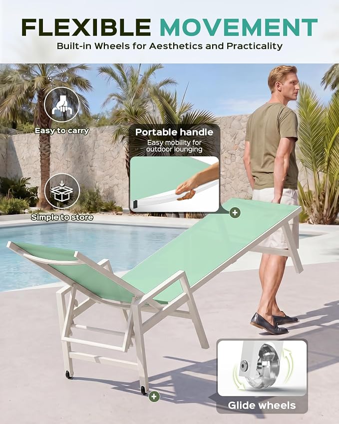 Patio Chaise Lounge Chair Outdoor with Wheels&Armrests, Aluminum Pool Lounge Chairs Set of 2 Five-Position Adjustable Recliner, Outdoor Beach Lounge Chairs for Outside, Patio, Deck, Yard, Light Green