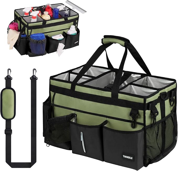 Large Cleaning Caddy Bag with Built-In Support Board, Cleaning Tote Organizer with Removable Divider, Supply Carryall with Adjustable Shoulder Strap and Waist Belt for Cleaners & Housekeeper