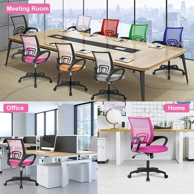 BestOffice | Ergonomic Office Chair | Mid-Back Swivel Desk Chair | Breathable Backrest & Lumbar Support | Adjustable Height | Sponge Seat | Rolling Wheels | Pink | for Adults & Women | Pack of 2