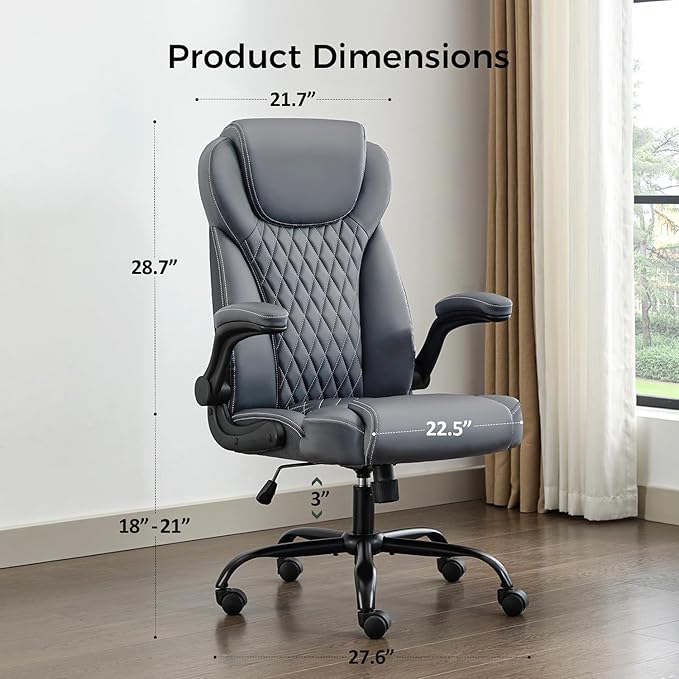 Office Chair, Executive PU Leather Chair Home Office Desk Chairs, Ergonomic Computer Desk Chair with Adjustable Flip-Up Arms, Lumbar Support Swivel Task Chair with Rocking Function (Gray)
