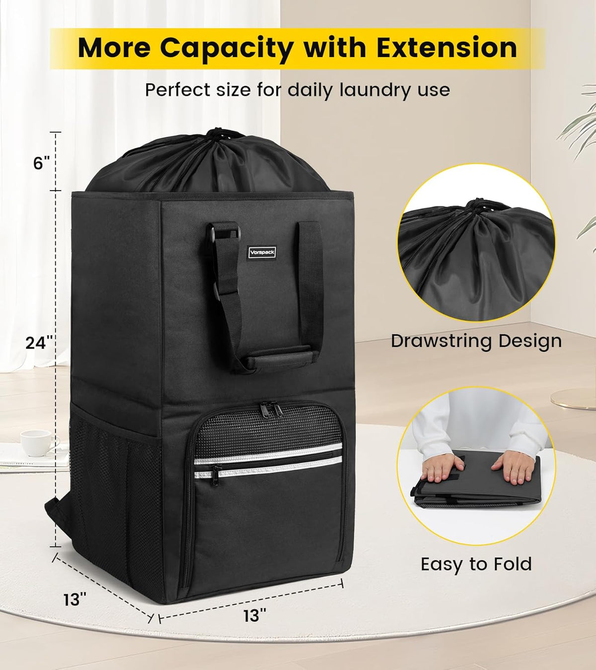 Vorspack Laundry Bag Backpack - Extra Large Heavy-Duty Laundry Hamper with Shoulder Straps | Black