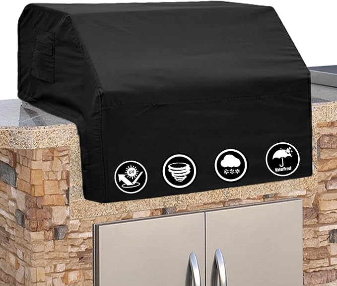 Covers & All Built-in Grill Cover for Outdoor Grill – Heavy Duty 12 oz Waterproof Built-in BBQ Grill Cover, PVC-Coated Polyester with Elastic Hem for Snug Fit (34 x 26 x 24 inches, Black)