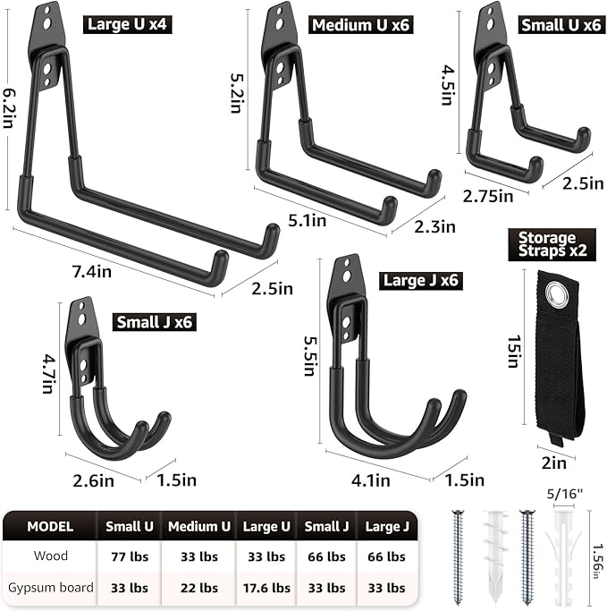 30 Pack Garage Hooks, Heavy Duty Steel Wall Mount Utility Hangers with Anti-Slip Coating for Hanging Bikes, Ladders, Power Tools, and Garden Equipment