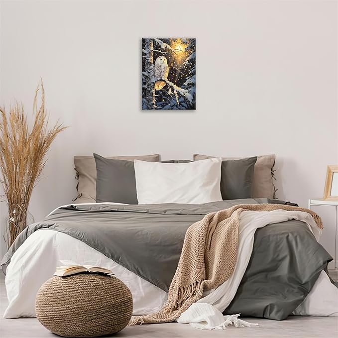 Owl Wall Art, Winter Snow Owl Pictures Wall Decor, Forest Animal Canvas Prints Painting, Framed Artwork for Bathroom Living Room Bedroom Office Dining Room 24"X16"