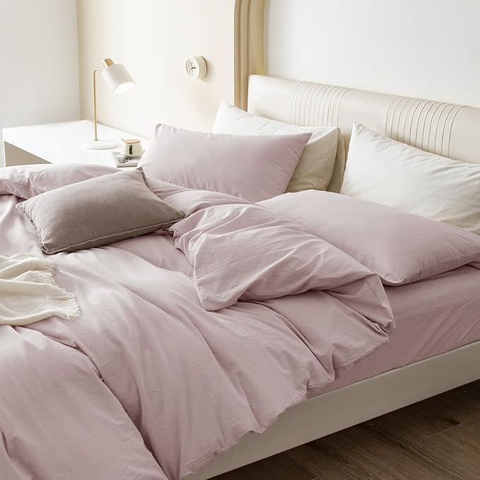 JIYUAN 100% Washed Cotton Duvet Cover Set 2 Pieces Twin, 1 Duvet Cover 68x90 Inches (Comforter Not Included) and 1 Pillowcases,Linen Feel Bedding Set Comfy and Breathable, Heathered Greyish Pink