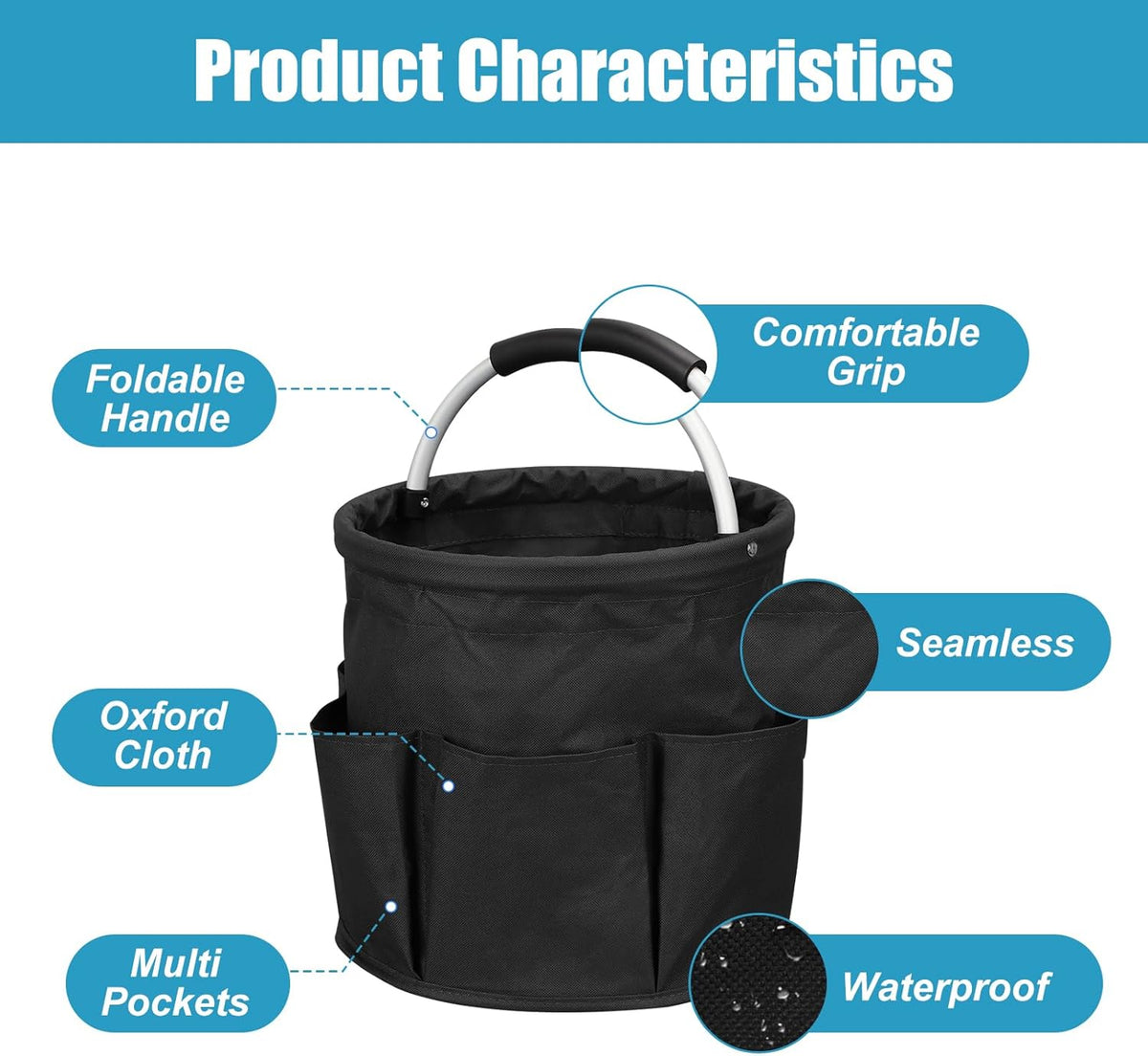 Qivine 17L Cleaning Caddy with Handle, Cleaning Supply Caddy Foldable Tool Bag Cleaning Products Organizers Portable Cleaning Bucket Organiser for Storing Towels (Black)