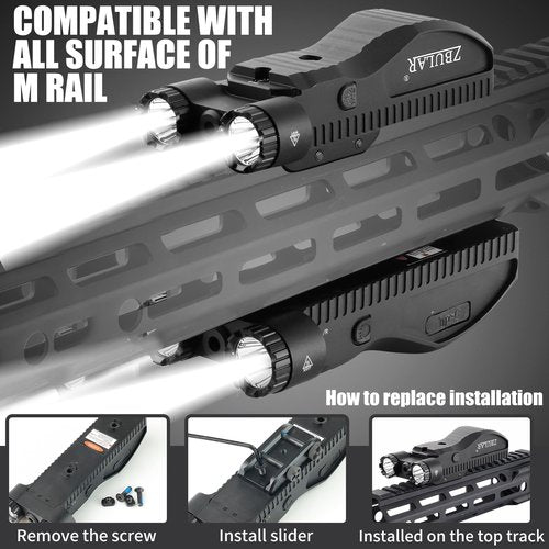 ZBULAR 2200 Lumen Tactical Flashlight with Green Laser Beam Combo, Low Profile Design Rechargeable Weapon Light Picatinny Rail mlock Mounted with Momentary Strobe Function Flashlight
