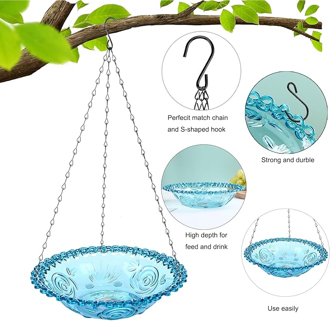 2 Pack Hanging Plastic Bird Baths and Feeders Set for Outdoors, Bird Water Bowls & Seed Trays to Attract Wild Birds, Garden Yard Decor Gift, Blue