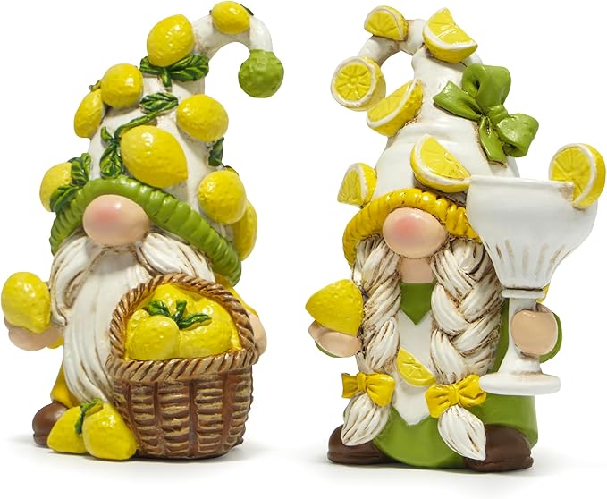 Hodao 2PCS Lemon Gnome Figurine Set - Lemon-Themed Gnome Indoor Home Decor for Summer - Small Decorative Gnomes for Kitchen, Living Room, or Shelf - Cute Ornament Set