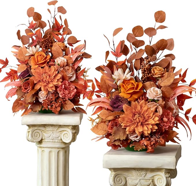 TINGE TIME Free-Standing Artificial Flower Set of 2, Table Centerpiece with Rubber Pad, Silk Fake Flower for Fall Wedding Centerpiece Archway Aisle Welcome Entrance (Maple Red)