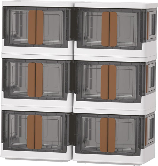 HAIXIN Folding Storage Bins with Left Doors and Right Doors Opening, 6.86 Gal Bookcase, Stackable Storage Cabinet, Plastic Shelves Organizer, Space-Saver Pantry Storage, Room Organization, 6 Pack