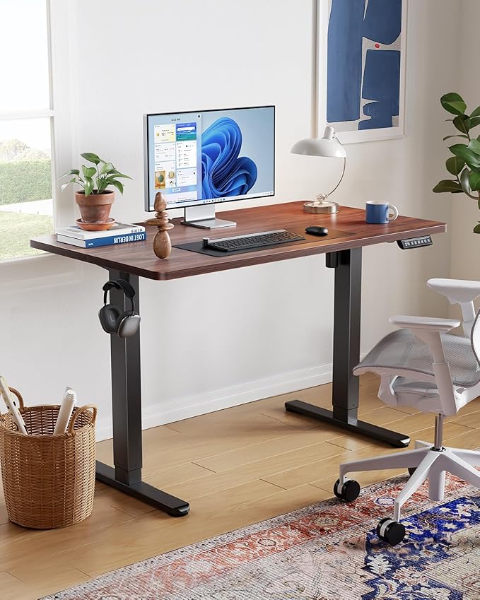 HUANUO Electric Standing Desk Adjustable Height, 4 Memory Height Settings, 40" x 24" Sit Stand Up Desk for Home Office & Computer Workstation, with Headphone Hook, Cable Manager, Walnut