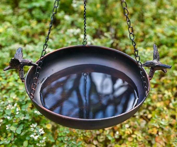 Hanging Bird Bath Feeder for Outdoor, 23" H Metal Birdbath with Cast Iron Bird Decor, Vintage Tray for Garden Yard Patio, Brown