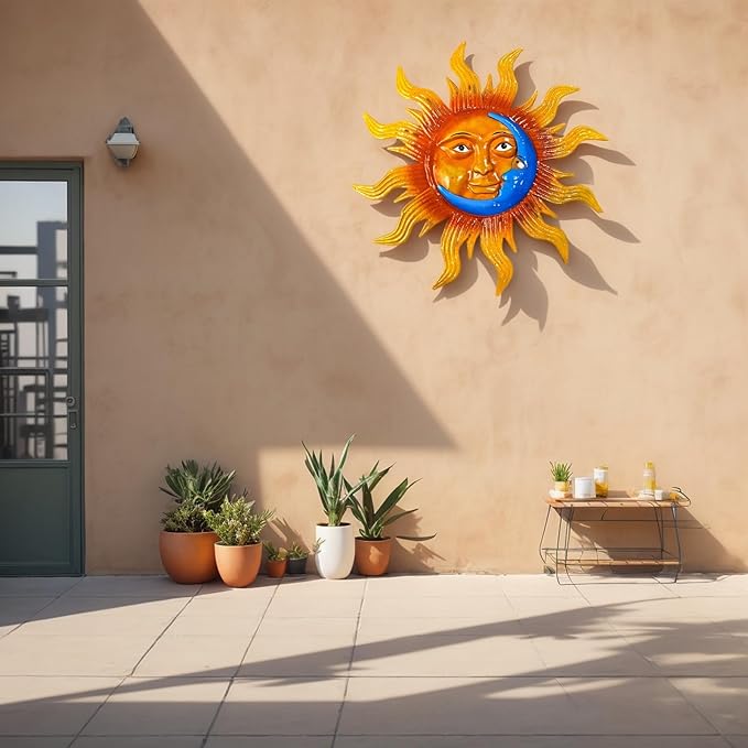 25.7'' Large Size Metal Sun Outdoor Wall Art Decor, Sun&Moon Outside Metal Art Rust Proof Wall Sculpture, Ideal for for Yard, Bedroom, Patio, Garden, Fence, Deck Pool Home and Farmhouse (Large sun)