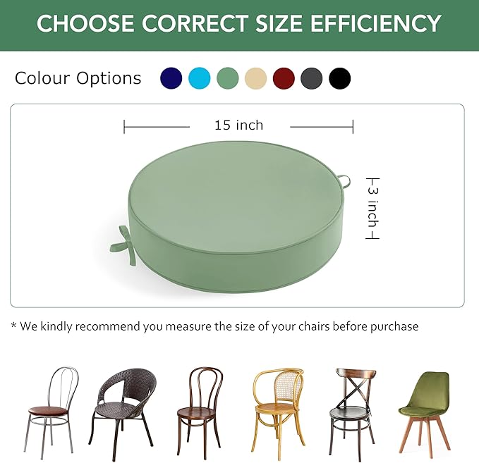 Summsun Outdoor Bistro Chair Cushions Set of 2, 15" D x 3" H Round Chair Cushions Waterproof and Fade Resistant Chair Cushion Pads with Non-Slip Ties and Removable Covers for Garden, Sage Green