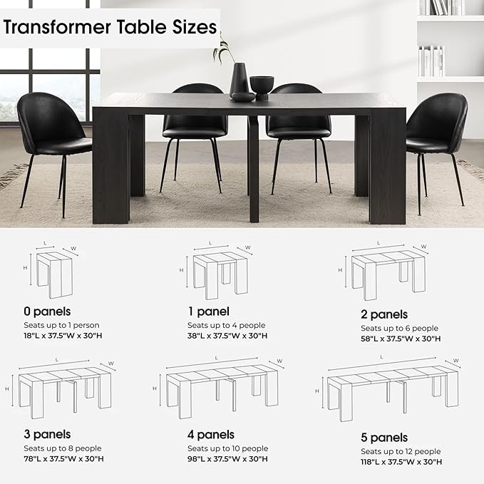 Transformer Table - Solid Wood Extendable Dining Table, Seats 2-12, Expandable Dining Room Table, Space-Saving Furniture, Expandable Dining Furniture, Black (Table Only)
