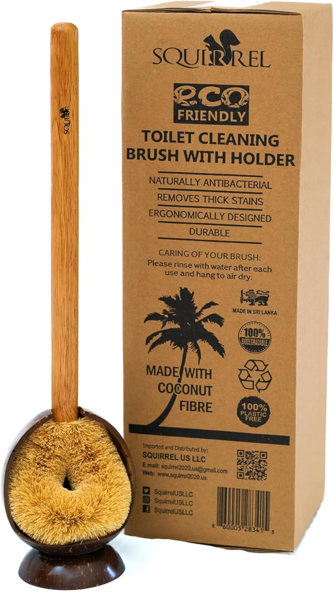 Wooden Toilet Brush with Coconut Shell Holder Eco-Friendly Wooden Toilet Bowl Cleaning Brush - Effective Toilet Cleaning Brush - Durable and Natural Toilet Cleaner