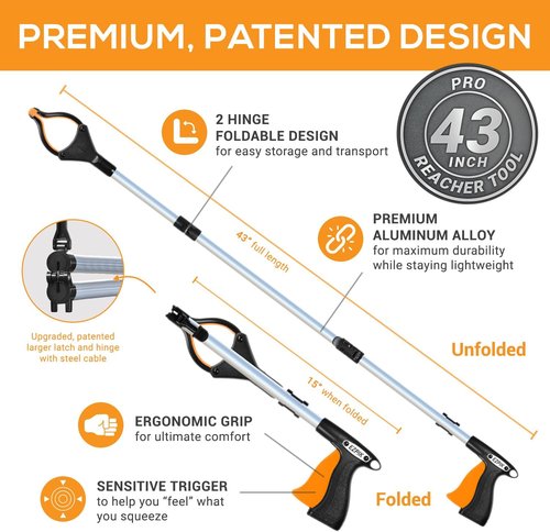 EZPIK Pro 43" Foldable Grabber Reacher Tool - Heavy-Duty Claw for Seniors | Ideal Trash Picker & Reaching Aid