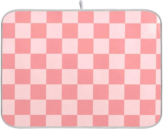 Buffalo Plaid Pink Dish Drying Mat for Kitchen Countertop 16x18 Chessboard Rectangle Small Drying Mat Reusable Quick Dry Dish Sink Absorbent Mats Dishwasher Easy Clean Decorative Home Essentials