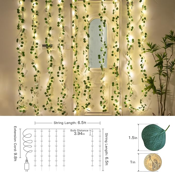 suddus 200 LED Vine with Light Plug in, 6.5ft x 6.5ft Eucalyptus Fairy Curtain