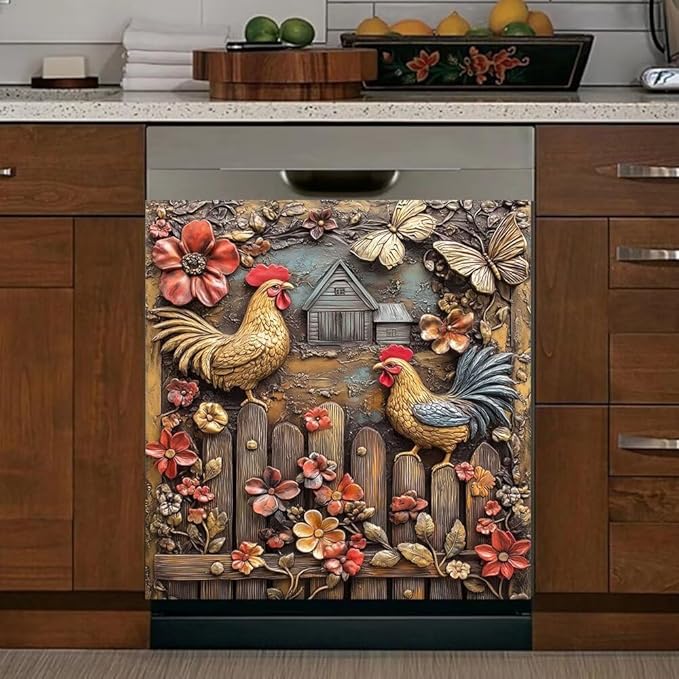 Rooster Chicken Farmhouse Kitchen Decor Dishwasher Magnet Cover Decal, Embossed Butterflie sMagnetic Dish Washer Panel Door Vinyl Sticker, Refrigerator Magnets,Easy to Clean, 23 x 26 inch