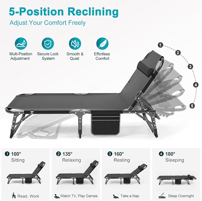 ABORON Tanning Chairs, 2 Pack, 5-Position Padded Folding Loungers | Set of 2 folding chaise lounges with 5-position backs, padded mats and pillows; supports up to 500 lb per chair.