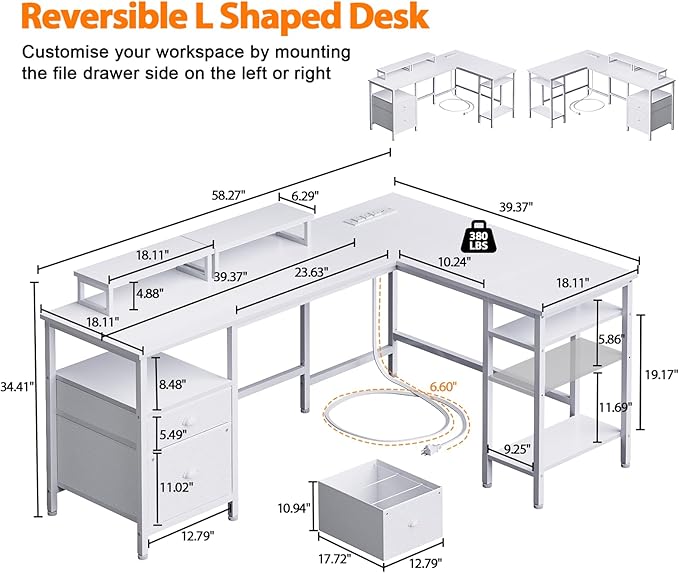 Furologee White 59” L Shaped Desk with Power Outlet, Reversible Computer Desk with File Drawer & 2 Monitor Stands, Corner Home Office Table with Storage Shelves for Gaming Writing