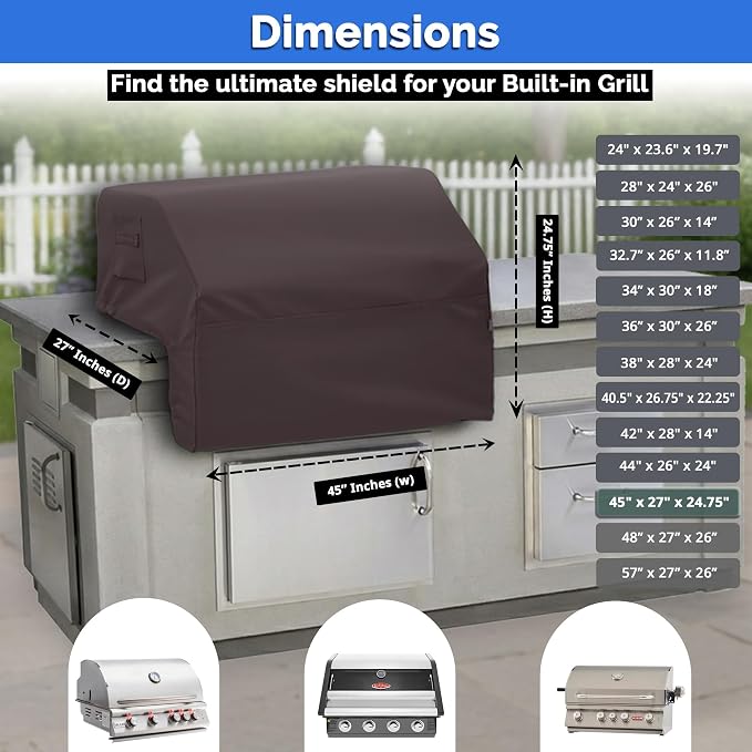 Covers & All Built-in Grill Cover for Outdoor Grill – Heavy Duty 12 oz Waterproof Built-in BBQ Grill Cover, PVC-Coated Polyester with Elastic Hem for Snug Fit (45 x 27 x 24.75 inches, Coffee)