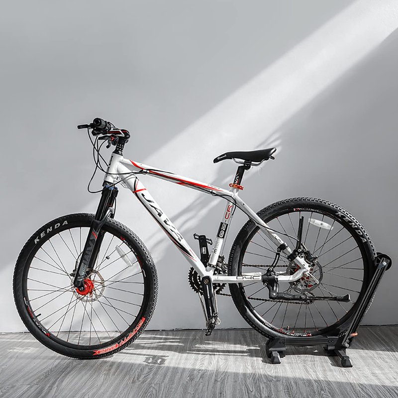 Sports Foldable Alloy Bicycle Stand Bike Floor Parking Rack Steady Wheel Holder Fit 20"-29" BikesIndoor Home Garage Cycling Storage Organizer Cycle Tires Rack Holder for Mountain and Road Bike