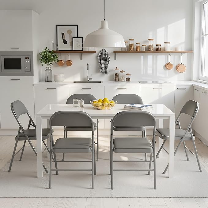 DUMOS 4 Pack Folding Chairs with Padded Cushion and Back - PU Leather Stackable Portable Dining Chairs Set, for Home and Office, Conference, Wedding, Party, Patio, Garden, for Indoor Outdoor, Grey