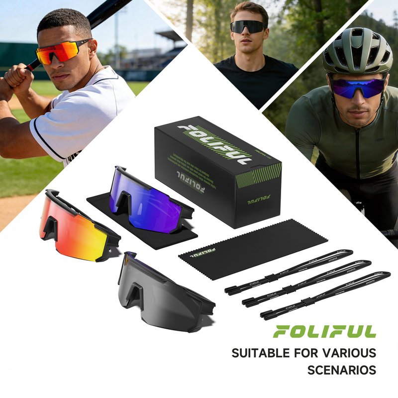 Foliful 3 Pack Polarized Sports Sunglasses Men Women, Running Mens Sunglasses UV Protection for Baseball Cycling Fishing, Ice Blue/Red/Purple