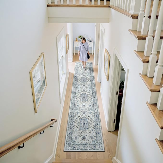 Area Rugs 3'x10' Runner Rug Non Slip Washable for Kitchen Hallway Bedroom Beside Laundry Room Bathroom Rug, Floor Carpet, Light Blue Navy Beige Gray White