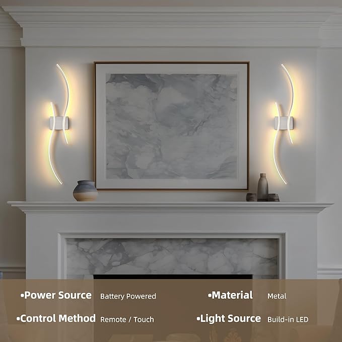Battery Operated Wall Sconce Set of Two, Dimmable Modern LED Rechargeable Wall