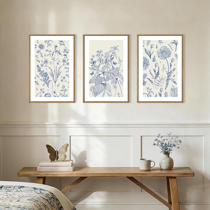 KAIRNE Navy Blue and White Floral Framed Canvas Wall Art Set,Chinoiserie Flower Wall Decor,Watercolor Botanical Art Prints,Modern Wildflower Artwork for Living Room,Bedroom,Farmhouse,Office-16 x24 x3