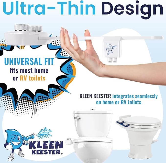 RV BIDET by KLEEN KEESTER - Dual Self Cleaning Nozzles, Front & Rear Cleaning, Non Electric Ultra-Thin Toilet Seat Attachment - Home Kit Included