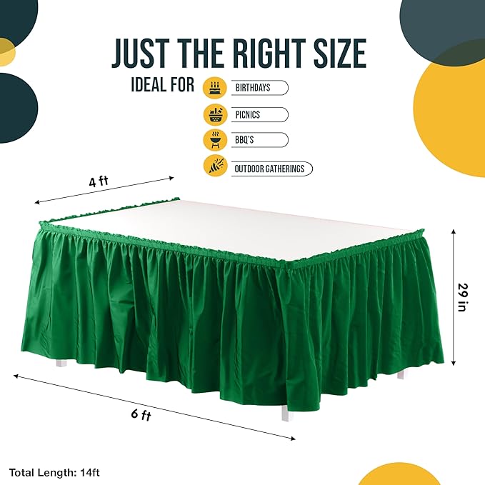Exquisite Ruffle Table Skirt Emerald Green 6 Pack 14 Ft Long Table Skirts for Rectangle Tables 6ft Plus or Round Tables Skirts with Adhesive Strip for Gender Reveal Decor & Happy Birthday Parties