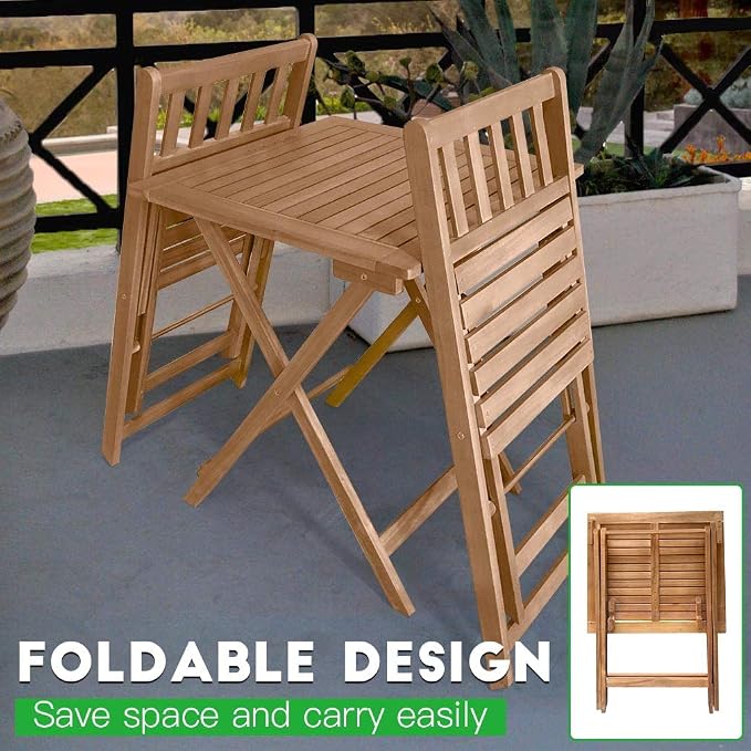 3-Piece Acacia Wood Folding Patio Bistro Set Outdoor Bistro Set Table and Chairs Set with 2 Chairs and Square Table for Pool Beach Backyard Balcony Porch Deck Garden Wooden Furniture, Natural