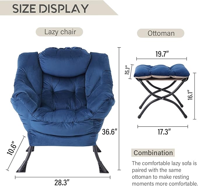LITA Lazy Chair with Ottoman, Modern Accent Leisure Upholstered Sofa Chair, Contemporary Lounge Reading Chairs with Armrests and a Side Pocket for Living Room, Bedroom & Small Space, Royal Blue