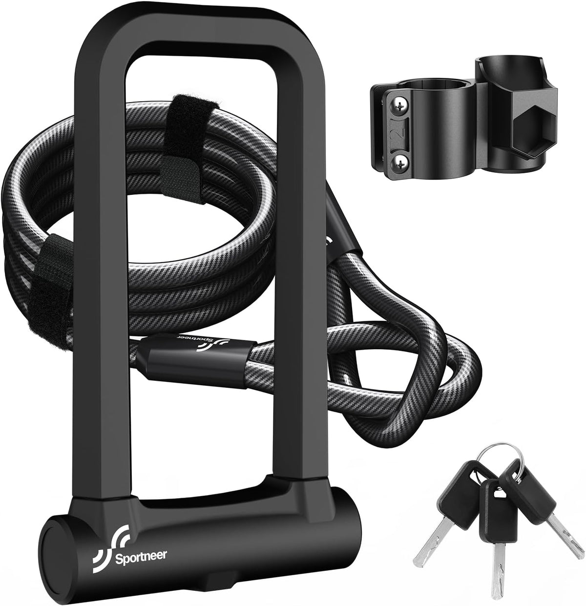 Sportneer Heavy-Duty Bicycle Lock - 18mm Anti-Theft U-Lock with 5ft Steel Cable & 3 Keys | Fits Road & Mountain Bikes, Size 8.58'' x 4.85''