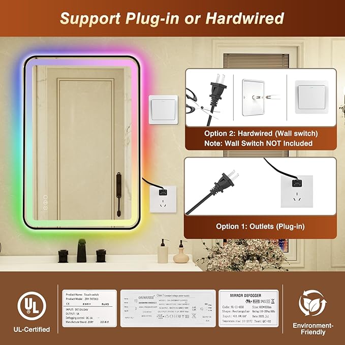 24x36 Inch Black Framed LED Bathroom Mirror