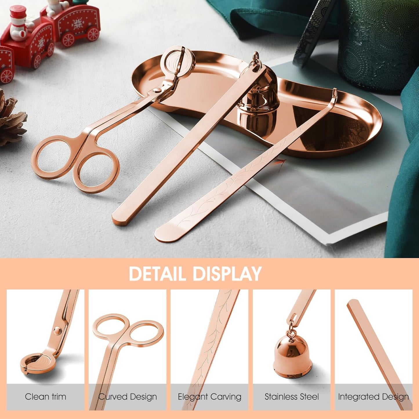 PATOISE 4 in 1 Candle Accessory Set, Candle Wick Trimmer Cutter Mini, Candle Snuffer, Candle Wick Dipper, Tray Holder in Gift Package for Candle Aromatherapy Lovers(4PCS Rose Gold)