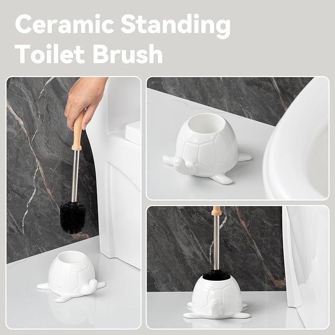 White Ceramic Turtle Base Toilet Brush and Holder Set - 7.5" Cute Toilet Bowl Cleaner Brush, Ergonomic Handle Toilet Bowl Brush and Holder for Home & Commercial Use, Bathroom Brush