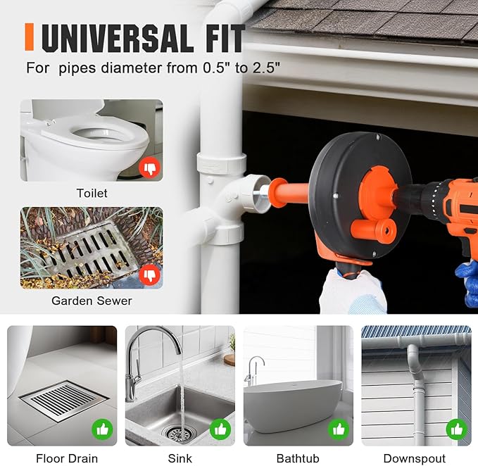 Drain Auger 25 Ft,Plumbing Snake With Drill Adapter,Pipe Clog Remover for Kitchen Bathroom Shower Sink Cleaning,Flexible Spring Steel