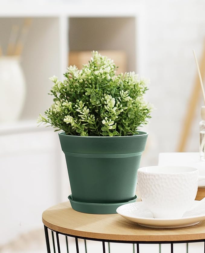 homenote Plant Pots,7.5 Inch Flower Pots for Plants Plastic Planters for Indoor with Multiple Drainage Holes and Trays, for All Home Garden Flowers Succulents,Outdoor(Green,8 Pack)
