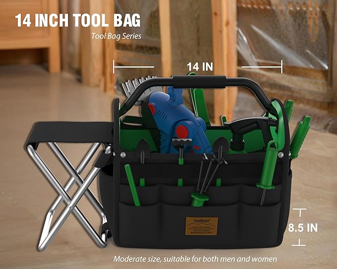 14 Inch Gardening Tool Bag with Stool, Waterproof Storage Tote, Foldable Metal Handle & Shoulder Strap, Relieve Fatigue